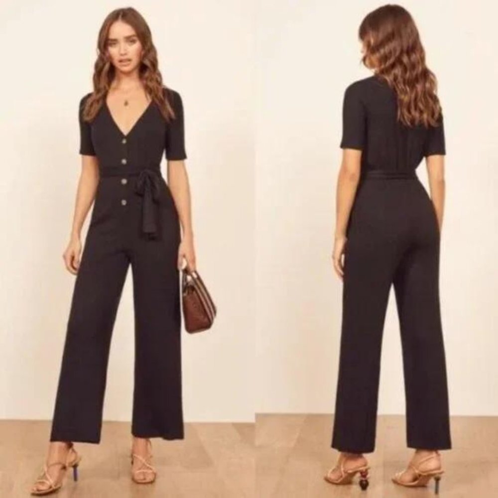 NWT Reformation Jeans Camille Black Ribbed Jumpsuit
